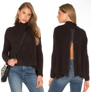 Free People Back Zip Sweater M Open Back Mock Neck Charcoal-Brown Wool Blend